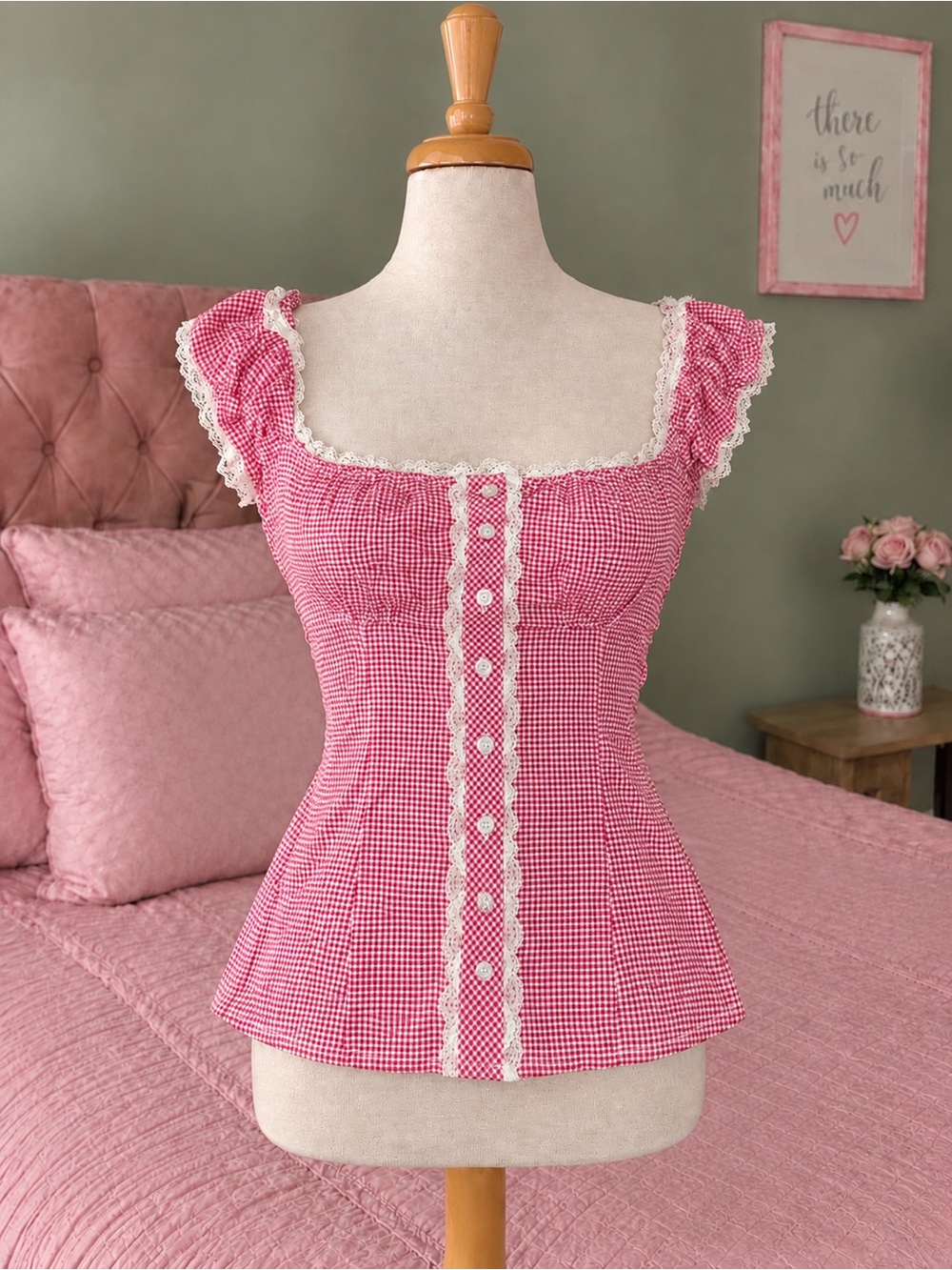 & Other Stories Pink Gingham Lace-Trim Square Neck Top